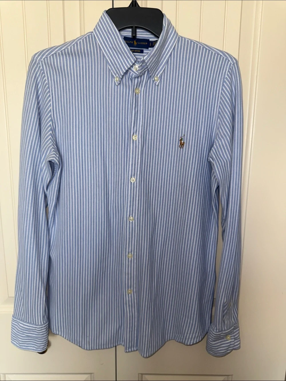Ralph Lauren Kids Blue White Striped Knit Oxford Button Down Shirt Large L G